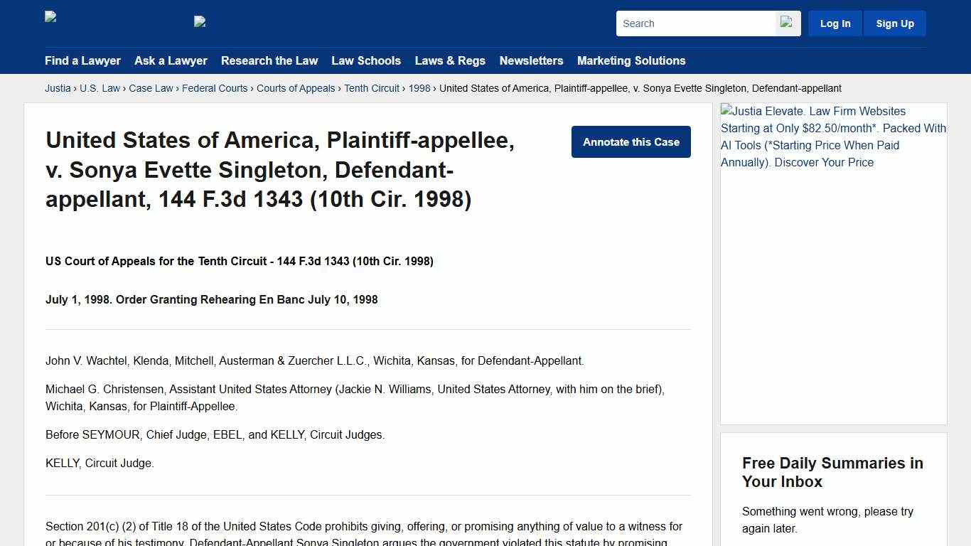 United States of America, Plaintiff-appellee, v. Sonya Evette Singleton, Defendant-appellant, 144 F.3d 1343 (10th Cir. 1998) :: Justia
