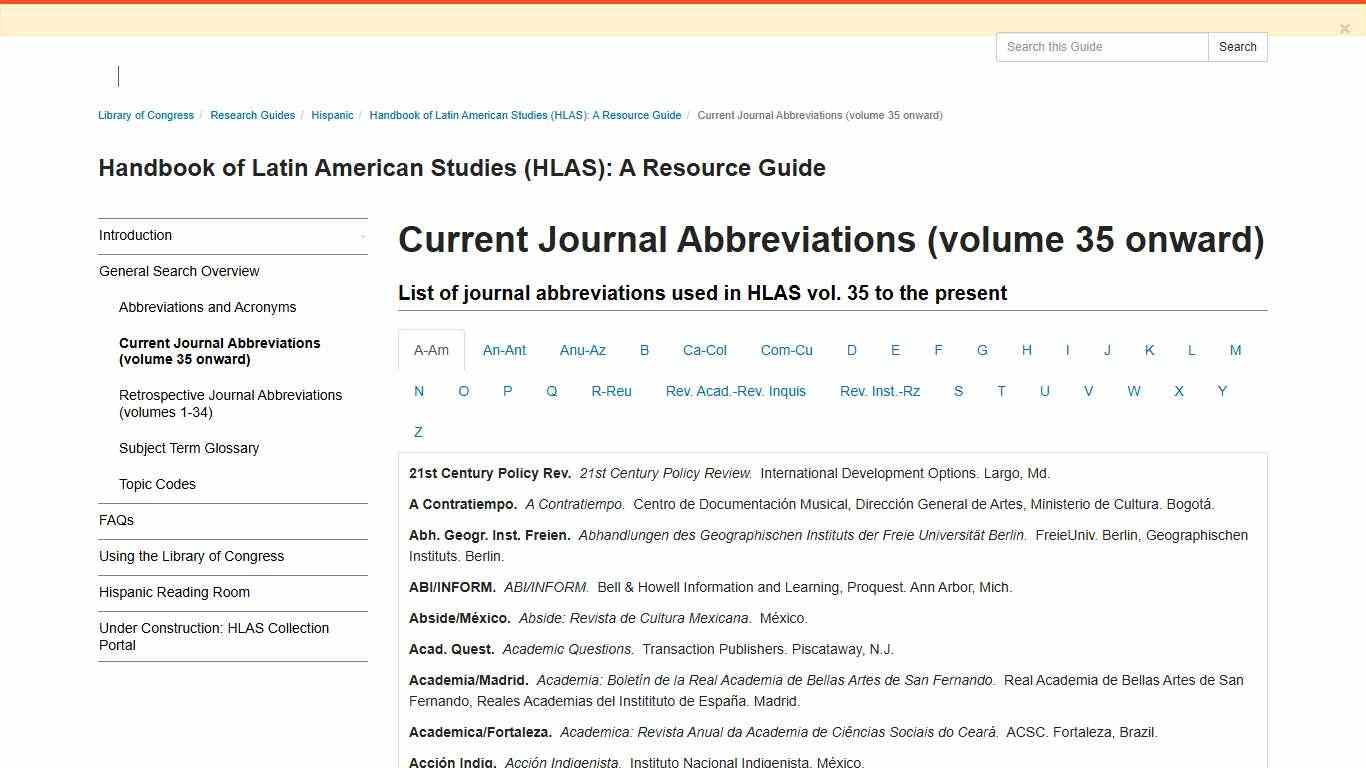 Current Journal Abbreviations (volume 35 onward) - Handbook of Latin American Studies (HLAS): A Resource Guide - Research Guides at Library of Congress